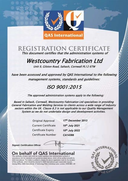 ISO9001:2015 Quality Assurance for Westcountry Fabrication Ltd: Structural steel supplier and metal fabricator