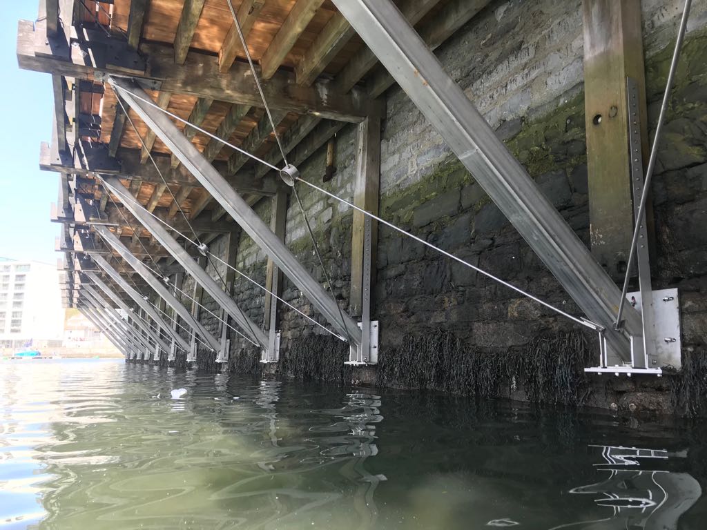 Stainless steel structural support for balcony in Sutton Harbour, Plymouth