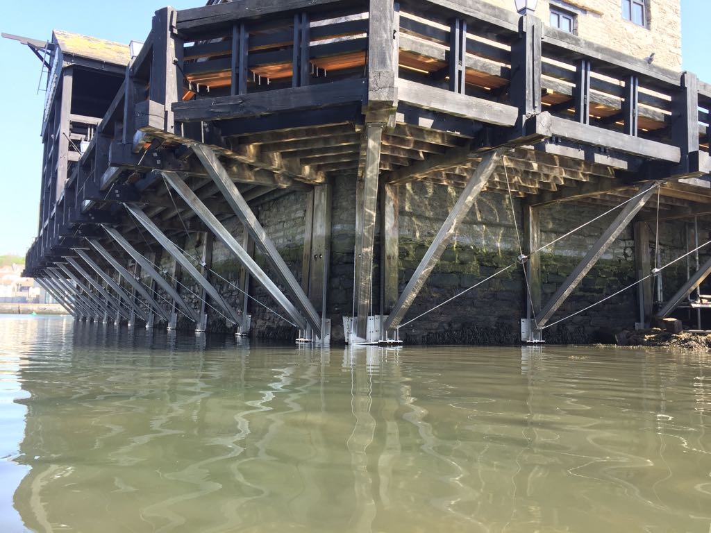 Stainless steel structural support for balcony in Sutton Harbour, Plymouth
